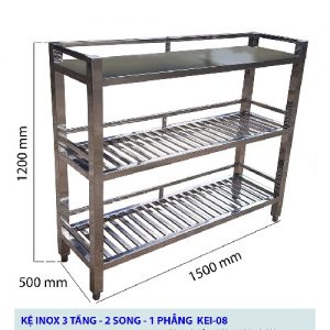 Kệ Inox 3 Tầng -2 Song -1 Phẳng KEI-08