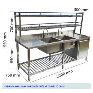 Chậu Rửa Inox Đôi 2 Cánh Có Kệ Trên Kệ Dưới và Ngăn Tủ CR-35