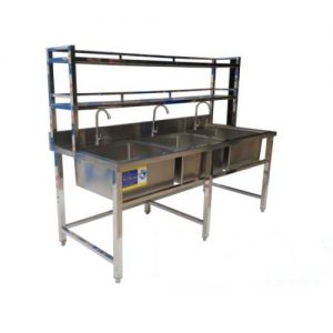 Chậu Rửa Công Nghiệp 3 Ngăn Lớn Có Kệ Trên CR-22