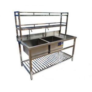 Chậu Rửa Đôi Inox Cánh Phải Có Kệ Dưới và Kệ Trên CR-24