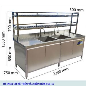 Tủ Inox 304 Có Kệ Trên Và 2 Bồn Rửa Inox TUI-17