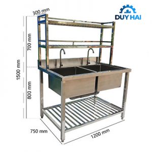 Chậu Rửa Công Nghiệp 2 Hộc Có Kệ Trên Và Kệ Dưới CR-21