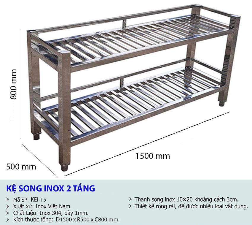 Kệ Song Inox 2 Tầng KEI-15 2 kich thuoc ke bep inox 2 tang kei 15