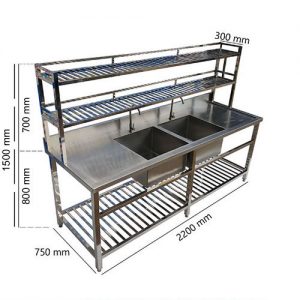 Chậu Rửa Công Nghiệp 2 Hố 2200×750mm Có Kệ